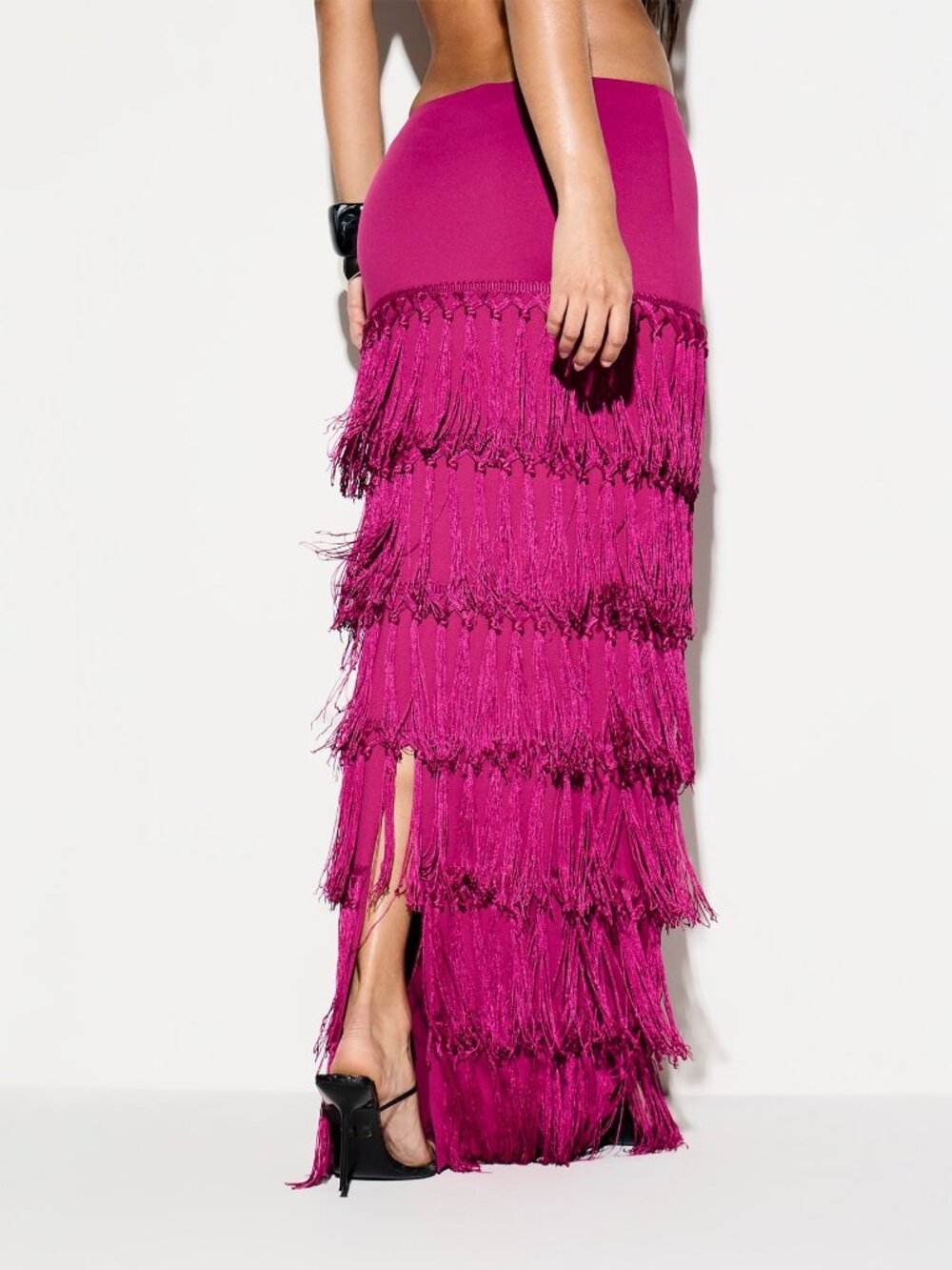 Hot Pink Casual Women's Vibrant Fringe Cover-Up Maxi Skirt with Layered Tassels - Picture 2 of 5
